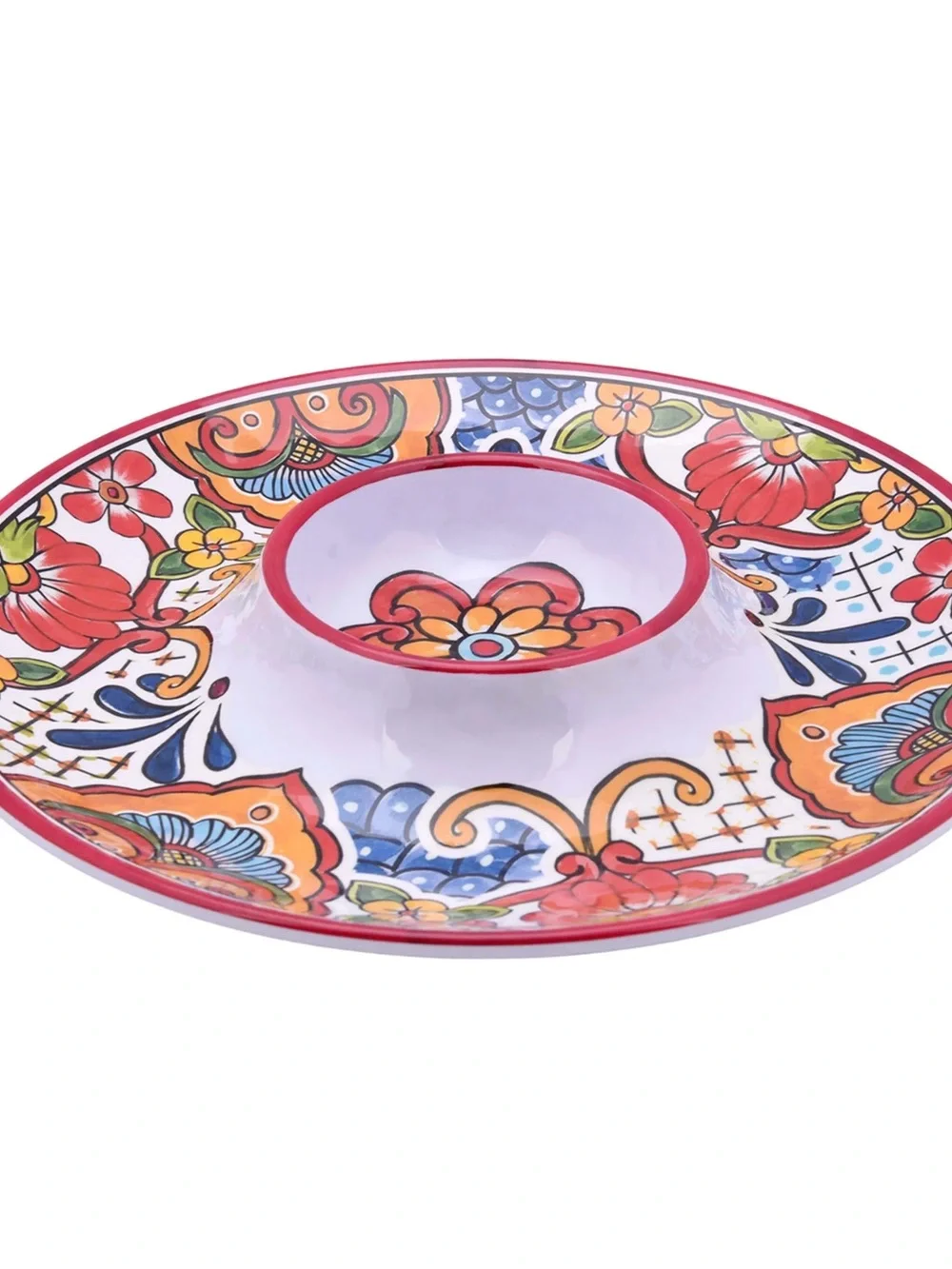 Hand-Painted Floral Plastic Chip & Dip Serving Platter - Red